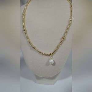 Elegant Gold Beaded Necklace with Pearl Pendant NWOT